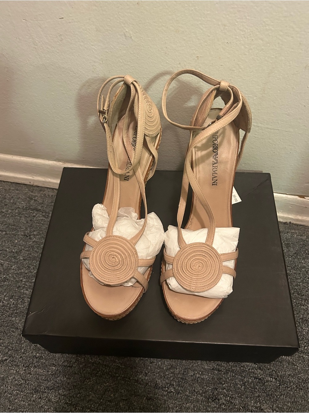 Emporio Armani Nude Leather Spiral Ankle-Strap Heels